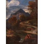 Gemälde Italien 17. Jh.verso mit einer alten Zuschreibung "Arkadische Landschaft" Öl/Lwd., 27 x 19,3