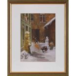 Aquarell Franz Skarbina1849 Berlin - 1910 Berlin "Der Schneemann - Hinterhof mit schneeballwerfenden