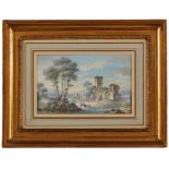 Gouache Landschaftsmaler um 1800"Romantische Flusslandschaft mit Wäscherinnen" 12,7 x 20,4 cm