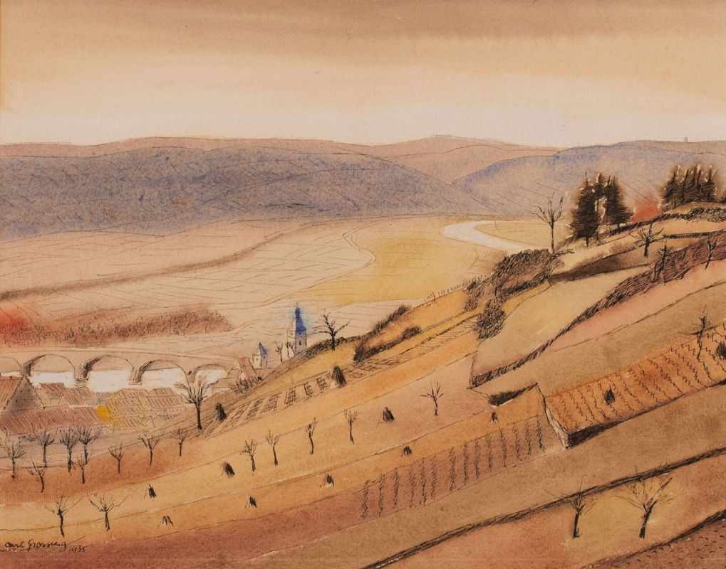 Kolorierte Federzeichnung, weiß gehöhtCarl Grossberg 1894 Elberfeld - 1940 Combiègne "Flußlandschaft