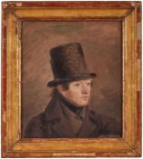 Gemälde Bildnismaler 19. Jh."Porträt eines jungen Mannes mit Zylinderhut" Öl/Karton, 21x18 cm