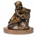 Kl. Bronze Ende 19. Jh."Putto mit Hund". Hellbraun patiniert. Am Sockel sign. "Gosztonyia".