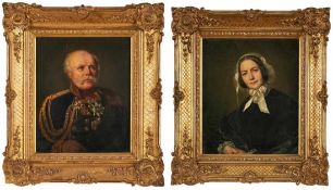 Paar Gemälde Bildnismaler 19. Jh."Bildnisse des Ehepaares Hartmann" Öl/Lwd., je 36 x 30 cm