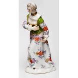 Miniatur-Flakon "Dame", Meissen 18. Jh.Dame in langem Rock, ein Bein vorangestellt, d. Arme z. Seite