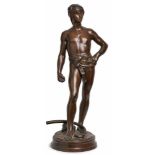 Gr. Bronze Antonin Mercié(1845 Toulouse - 1916 Paris) "David" hellbraun patiniert. Auf d. Plinthe