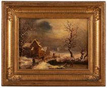 Gemälde Franz. Landschaftsmaler 19. Jh."Winterlandschaft mit Figurenstaffage" Öl/Lwd., 24 x 32,1 cm