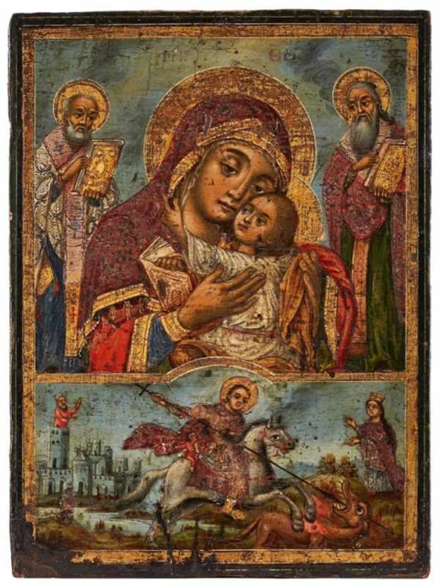 Ikone Griechenland 19. Jh."2 Felderikone: Maria mit Kind und Evangelisten; Hl. Georg" Temperamalerei