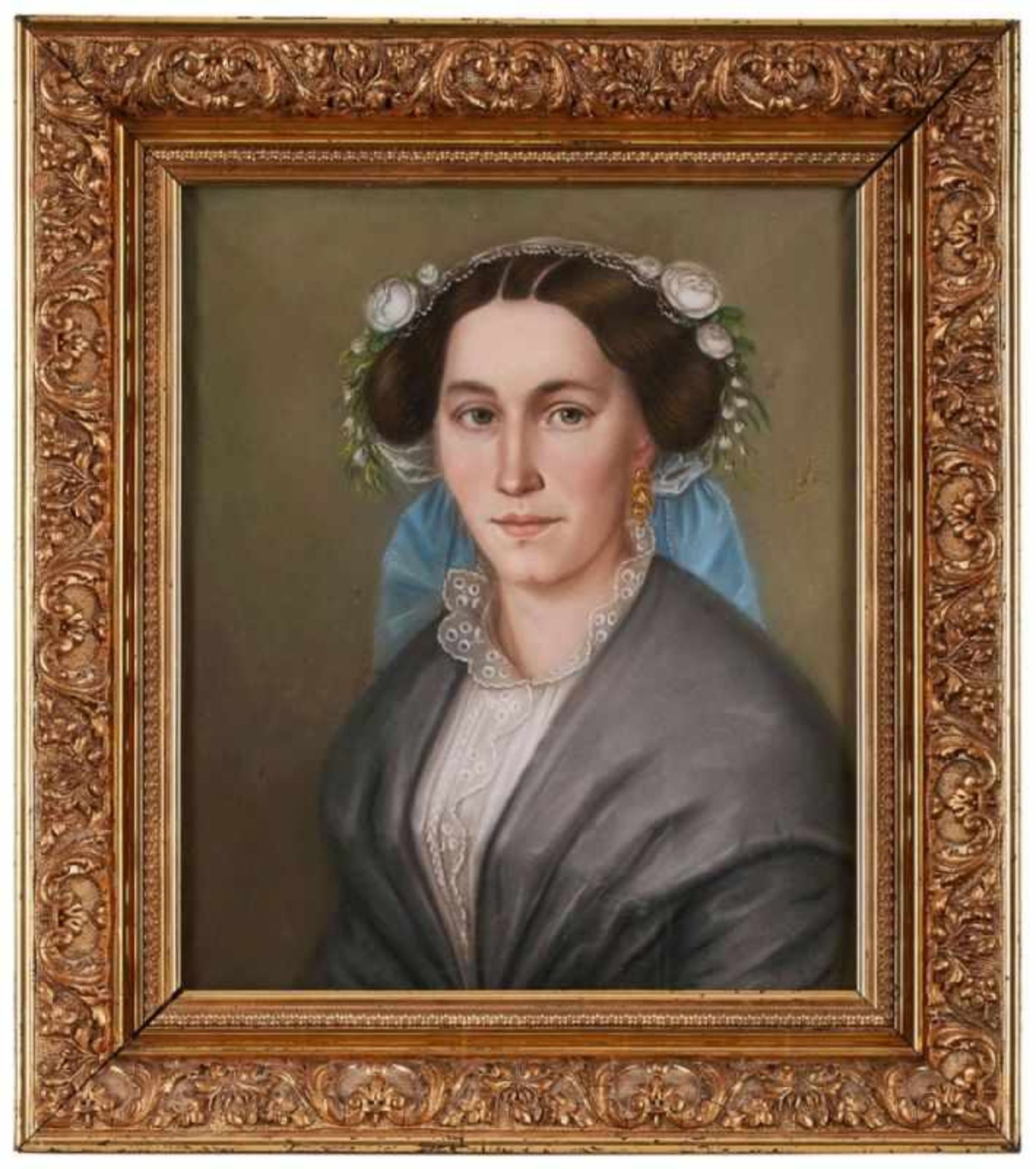 Pastell Bildnismaler 19. Jh."Portrait einer jungen Frau mit Blumenschmuck im Haar" 51,5 x 44 cm