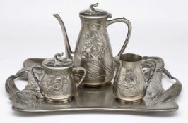 4-tlg. Kaffee-Service, Jugendstil, um 1910.Zinn, versilbert. Herstellermarke "Silberzinn, E. Hueck".