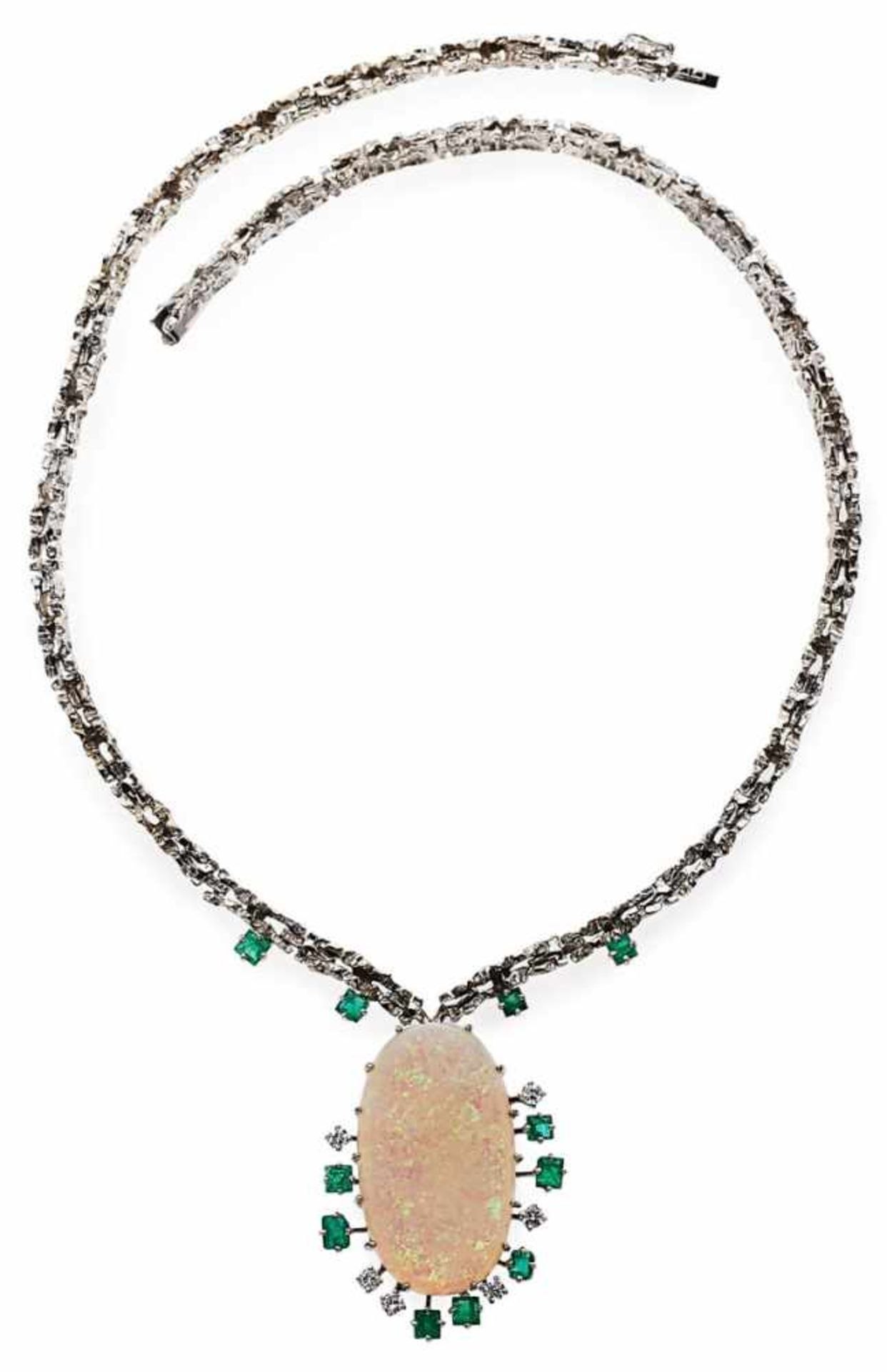 Opal-Collier.18 kt WG, unregelmäßig geformte Gliederkette besetzt mit 1 natürlichen ovalen Opal,