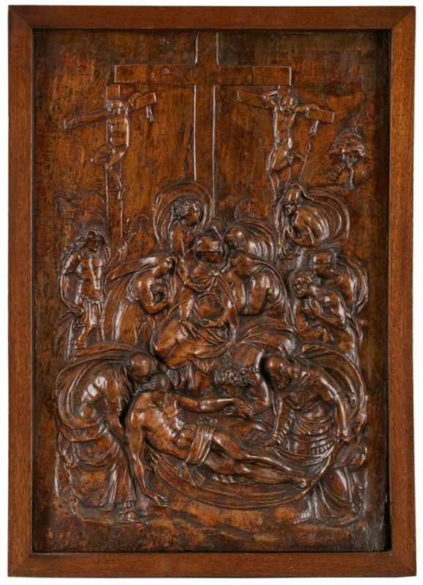 Reliefbild "Kreuzabnahme", Barock, süddt.Anfang 18. Jh. Flachreliefschnitzterei in Nussbaum