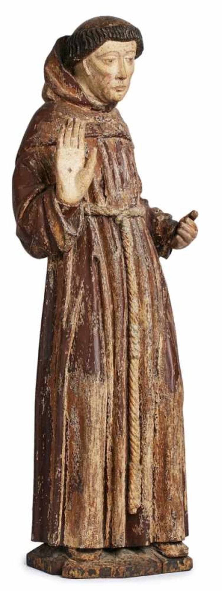Hl. Franziskus von Assisi,Frankreich wohl 14./ 15. Jh. Eiche, vollrd. geschnitzt u. farbig - Bild 2 aus 3