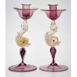 Paar Leuchter "Delphine", Murano 20. Jh.Farbloses Glas, teils m. Golpulver-Ein- schmelzung u.
