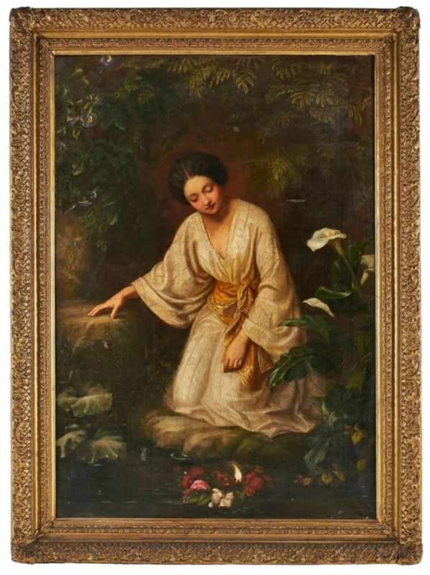 Gemälde Figurenmaler um 1870"Junge Frau in sinnlicher Versenkung" Öl/Lwd. (def.), 167 x 117 cm