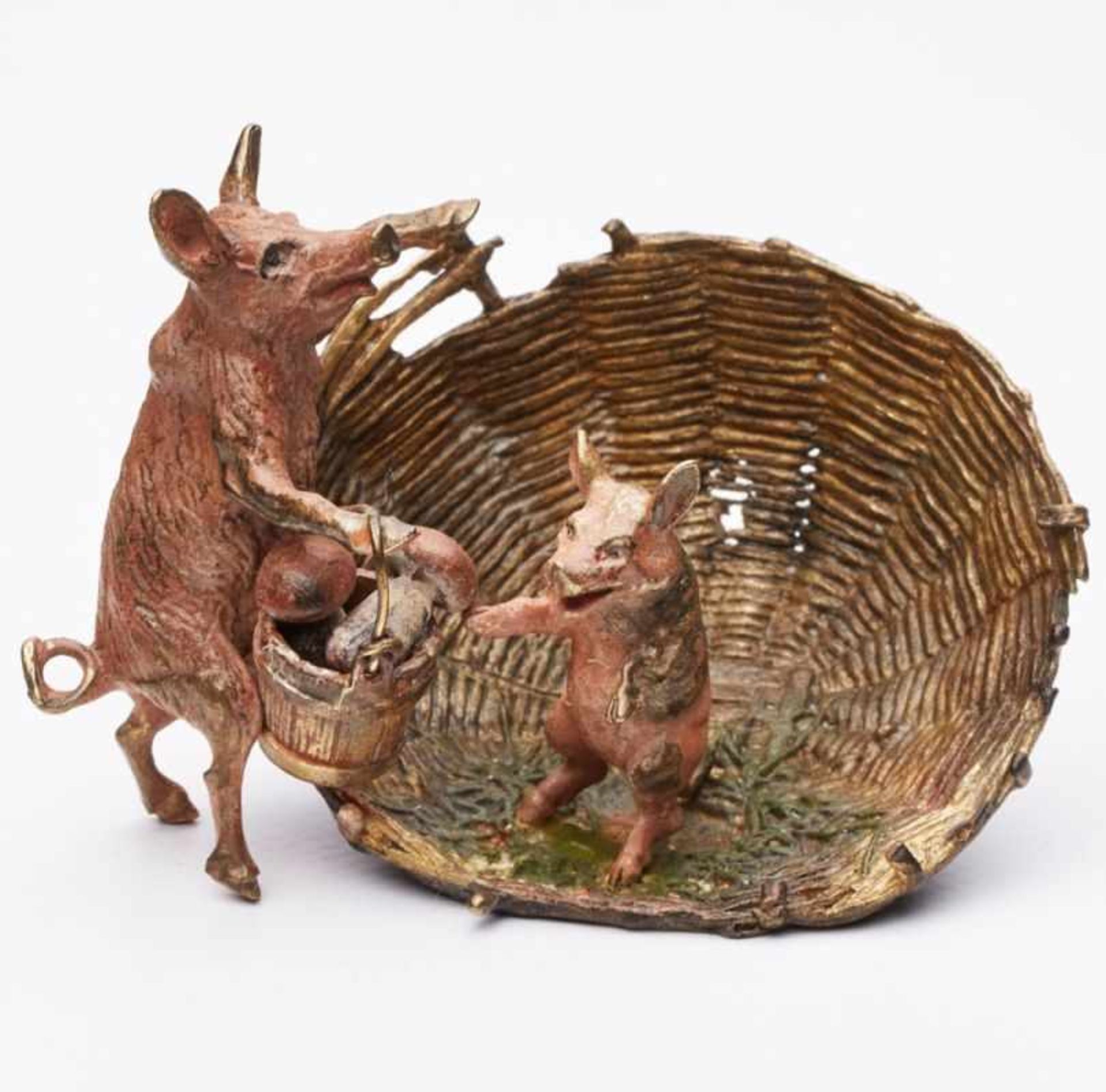 Wiener BronzeSchweine mit Korb, Anfang 20. Jh. Farbig bemalt. Gr. Schweinchen Behälter m.