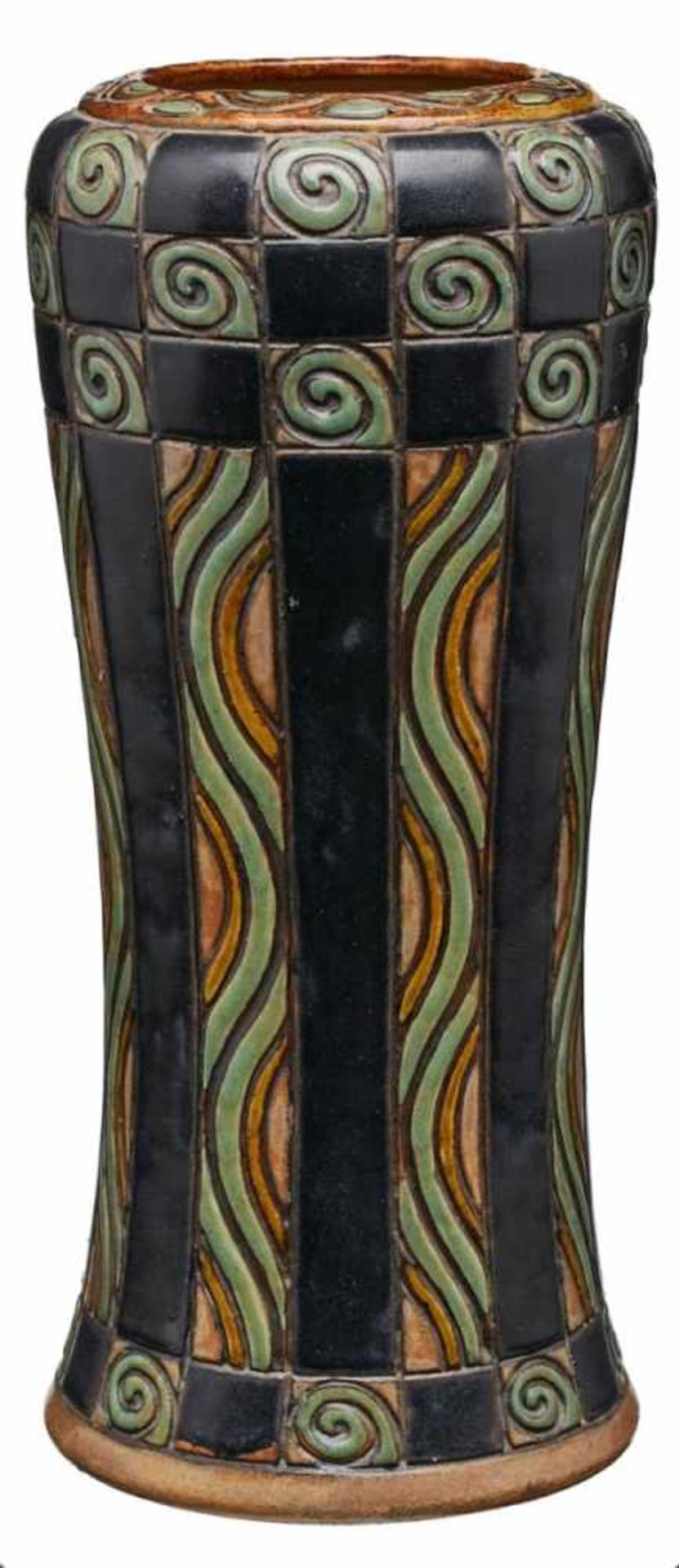 Vase mit graphischem Dekor, Arts & Crafts,Royal Doulton um 1915. Heller Scherben, braun/ schwarz/