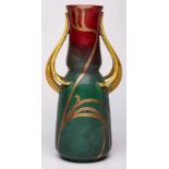 Vase mit Zierhenkeln, Jugendstil,wohl Böhmen um 1900. Heller Scherben, rot/ gelb/ grün glasiert u.