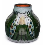 Breite Vase, Tonwerke Kandern um 1910.Hellroter Scherben, blau/grün glasiert u. schwarz/ orange/