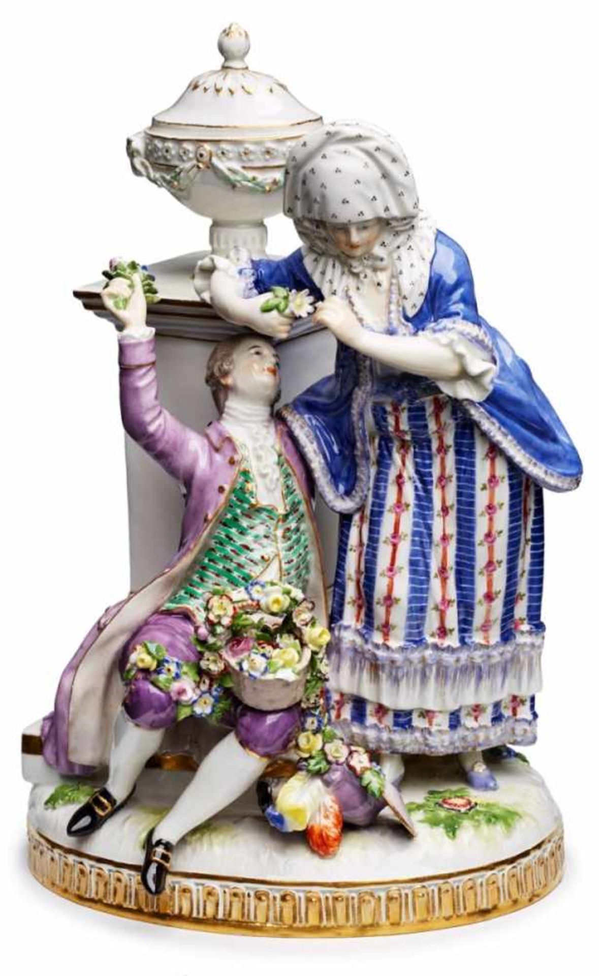 "Der Liebesbeweis", Meissen 1910.Entw.: M.V. Acier. Elegantes Liebespaar an Säule m. Vasenbesatz,