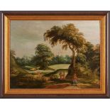 Gemälde Landschaftsmaler 18. Jh."Bewaldete Landschaft mit Soldaten" Öl/ Holz (parkettiert), 51 x