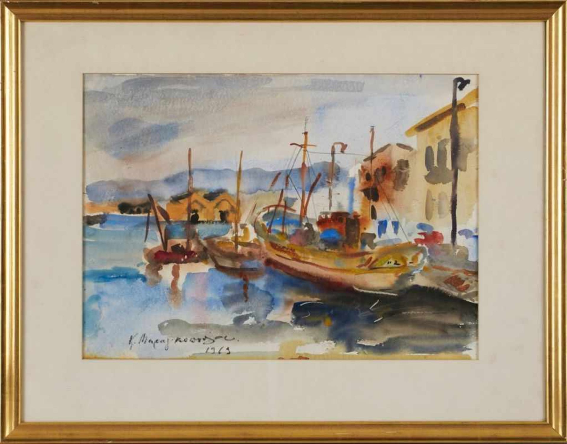 Aquarell über KohleKoula Marangopoulou 1913 - 1997 "Griechische Hafenszene" u. li. sign. u. dat.