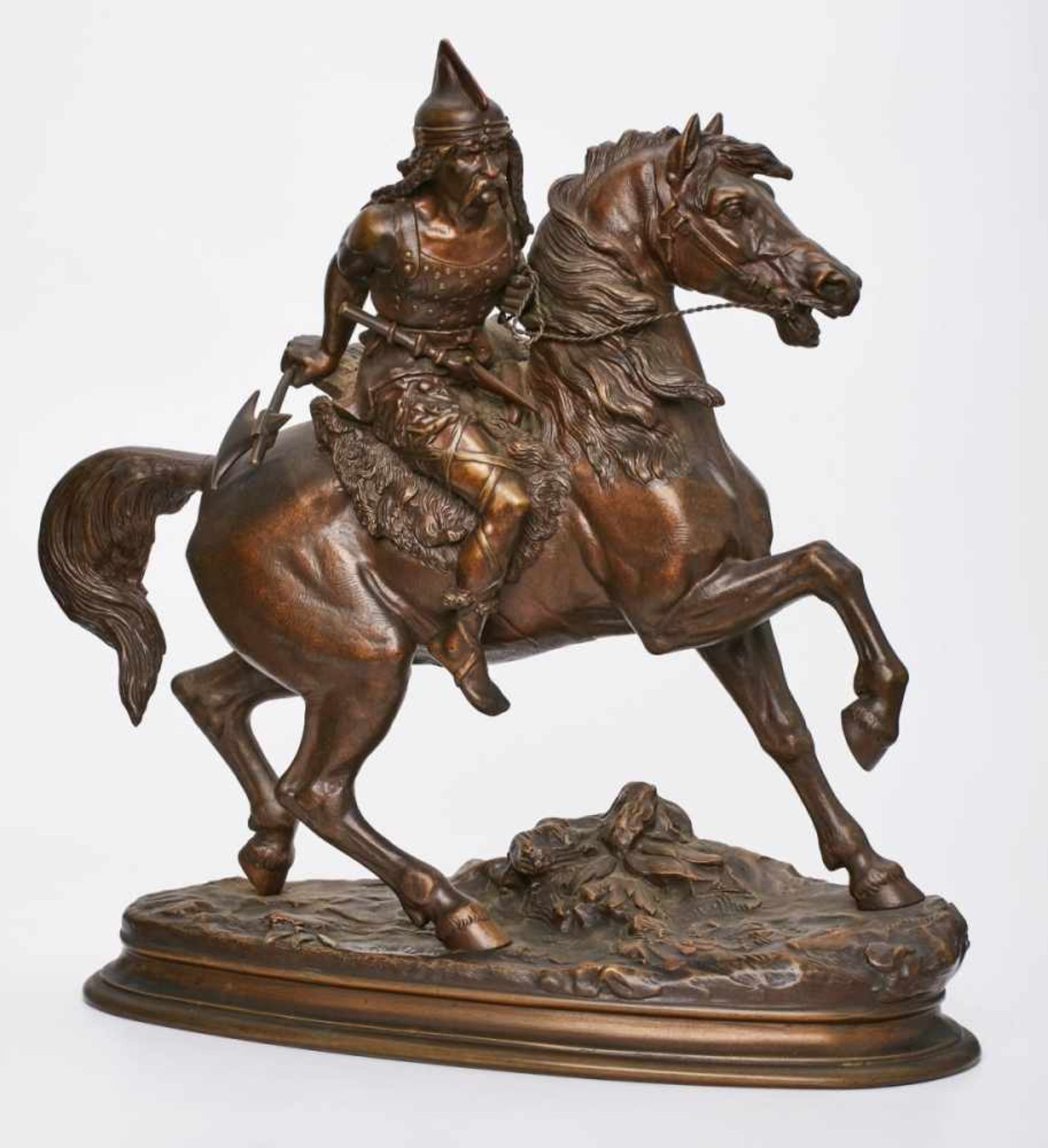 Bronze sign. "A. Richard", 19. Jh."Mongolischer Krieger auf Pferd sitzend". Braun patiniert. Ovale