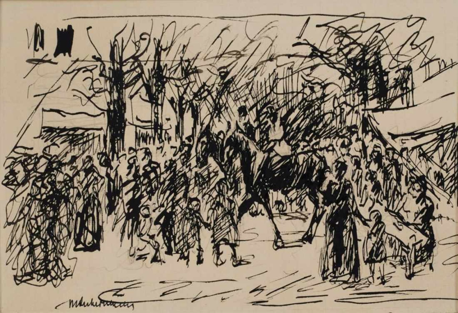 Federzeichnung Max Liebermann1847 Berlin - 1935 Berlin "2 Reiter mit zahlreichen Personen" u. li.