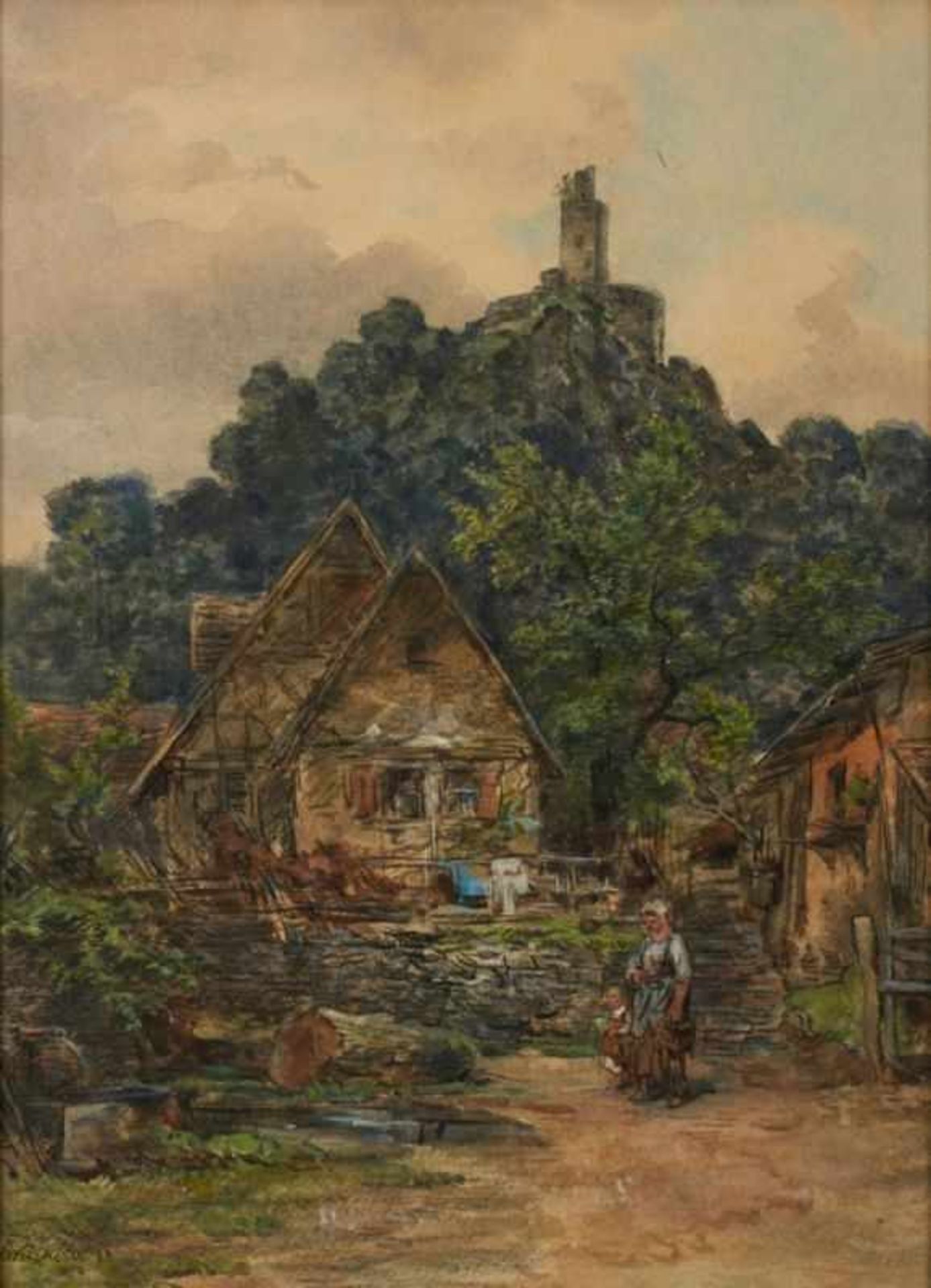 Aquarell über Kohle, weiß gehöhtFritz Wucherer 1873 Basel - 1948 Kronberg "Taunusbauernhof mit Blick