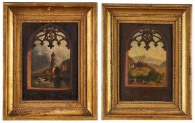 Paar GemäldeLandschaftsmaler 19.Jh "Durchblicke durch gotische Bogenfenster auf eine