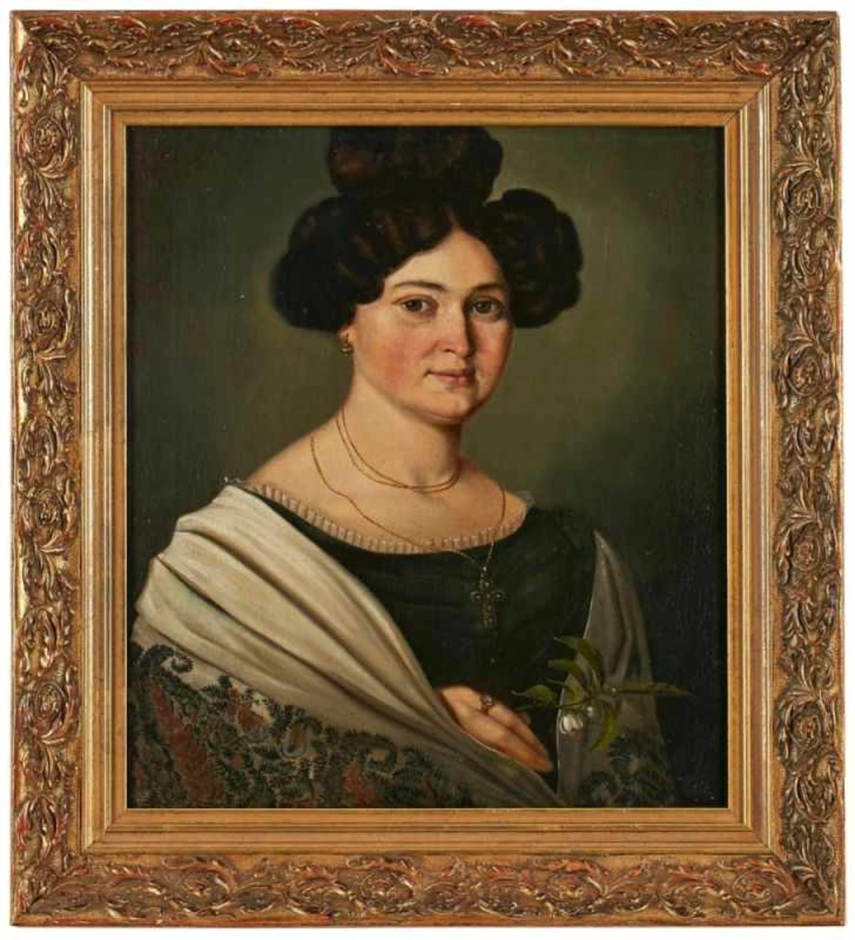 Gemälde Bildnismaler um 1850"Porträt einer Dame mit Blütenzweig" Öl/Lwd. auf Holz, 43 x 37,7 cm