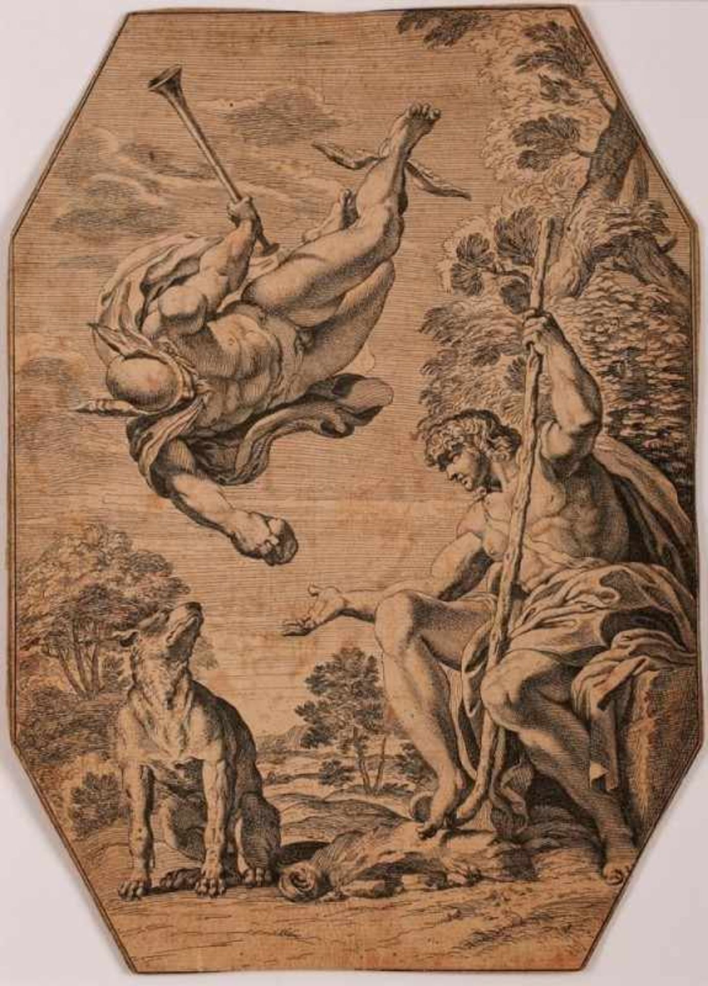 Radierung Carlo Cesio1626 Antrodoco - 1686 Rieti "Merkur überreicht Paris den goldenen Apfel" um