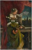 Gemälde Historienmaler um 1880"Junge Frau in einem historisierenden Kostüm und Knickhalslaute" Öl/