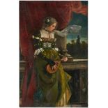 Gemälde Historienmaler um 1880"Junge Frau in einem historisierenden Kostüm und Knickhalslaute" Öl/