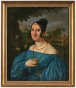 Gemälde Bildnismaler um 1820"Porträt einer jungen Frau in einem blauen Kleid und Goldschmuck vor
