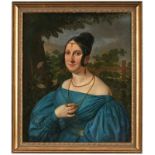 Gemälde Bildnismaler um 1820"Porträt einer jungen Frau in einem blauen Kleid und Goldschmuck vor
