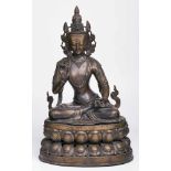 Gr. Buddha auf Lotosthron, wohl Tibet 19. Jh.Bronze, braun patiniert, kl. Halbedelstein-Ein-