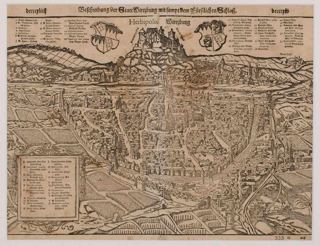 Holzschnitt Sebastian Münstergeb. 1489 - 1552 Heidelberg "Beschreibung der Statt Wirtzburg mit sampt