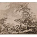 Radierung Bernhard Heinrich Thierum 1740 Lüdinghausen - 1814 Leiden "Landschaft mit Genreszene" u.