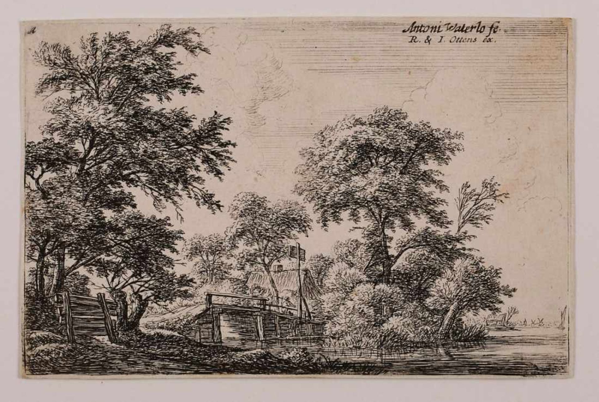 Radierung Anthonie Waterloo1610 Lille - 1690 Utrecht "Flussufer mit Bäumen und Brücke - B21" o.