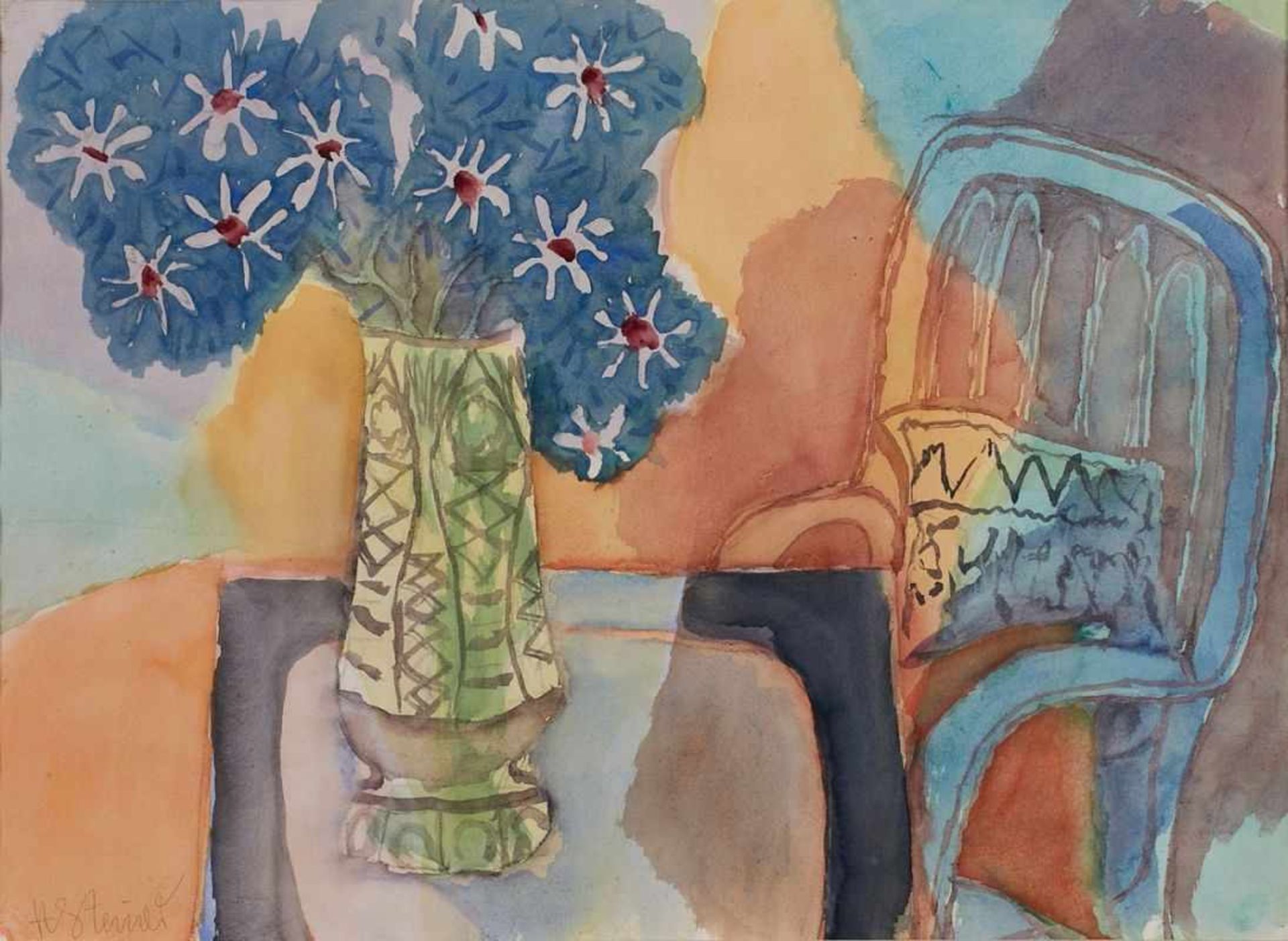 Aquarelll Heinrich Steiner1911 Kaiserslautern - 2009 Rom "Interieur mit Blumenstrauß und Sessel"