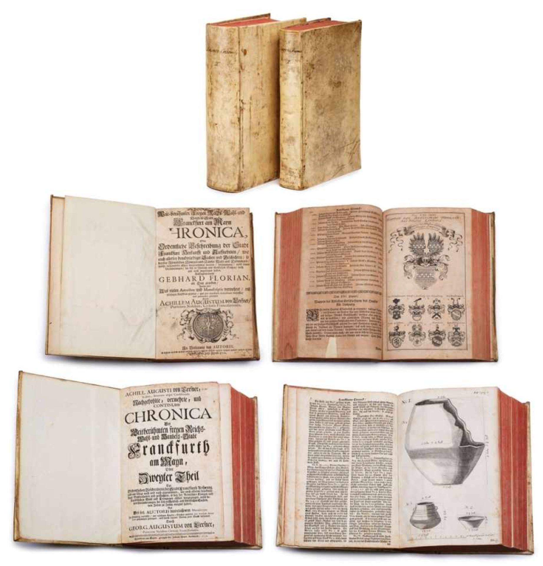 2 Bände Lersner Chronik (1706 - 1734)Schweinslederbände der Zeit, nicht kollationiert, mit dem