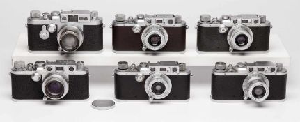 Konvolut von 6 versch. Kameras "Leica",Wetzlar um 1940-60. Seriennr.: "211045", "243647", "