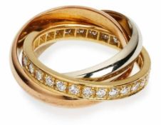 Trinity-Ring im Cartier-Stil.18 kt GG/WG und 14 kt. RG, der gelbgoldene besetzt mit ca. 28