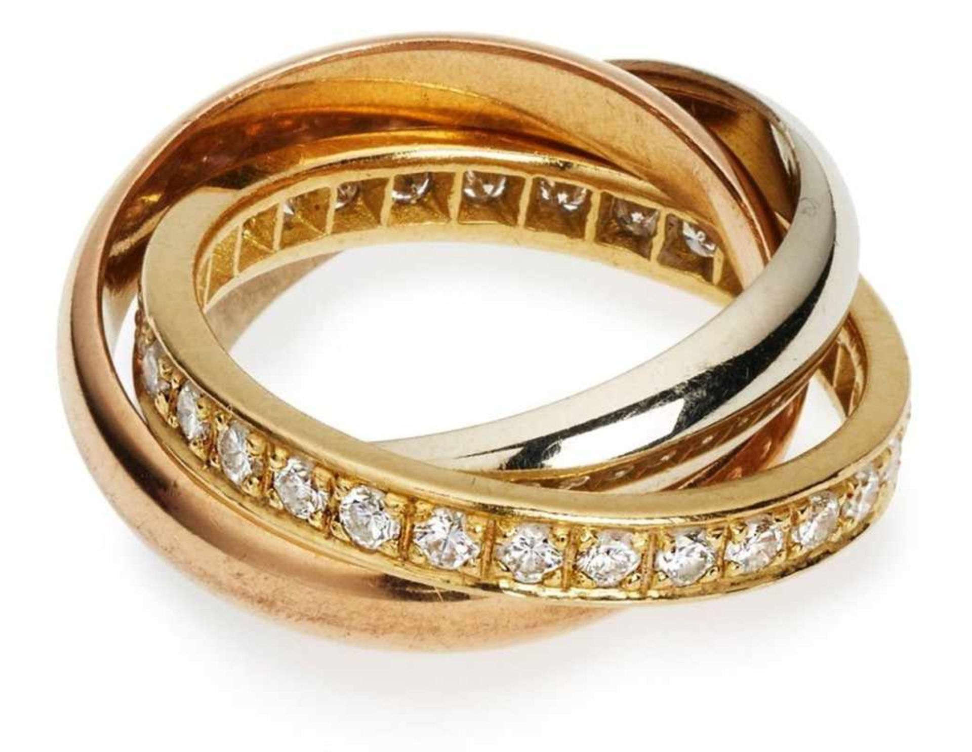 Trinity-Ring im Cartier-Stil.18 kt GG/WG und 14 kt. RG, der gelbgoldene besetzt mit ca. 28