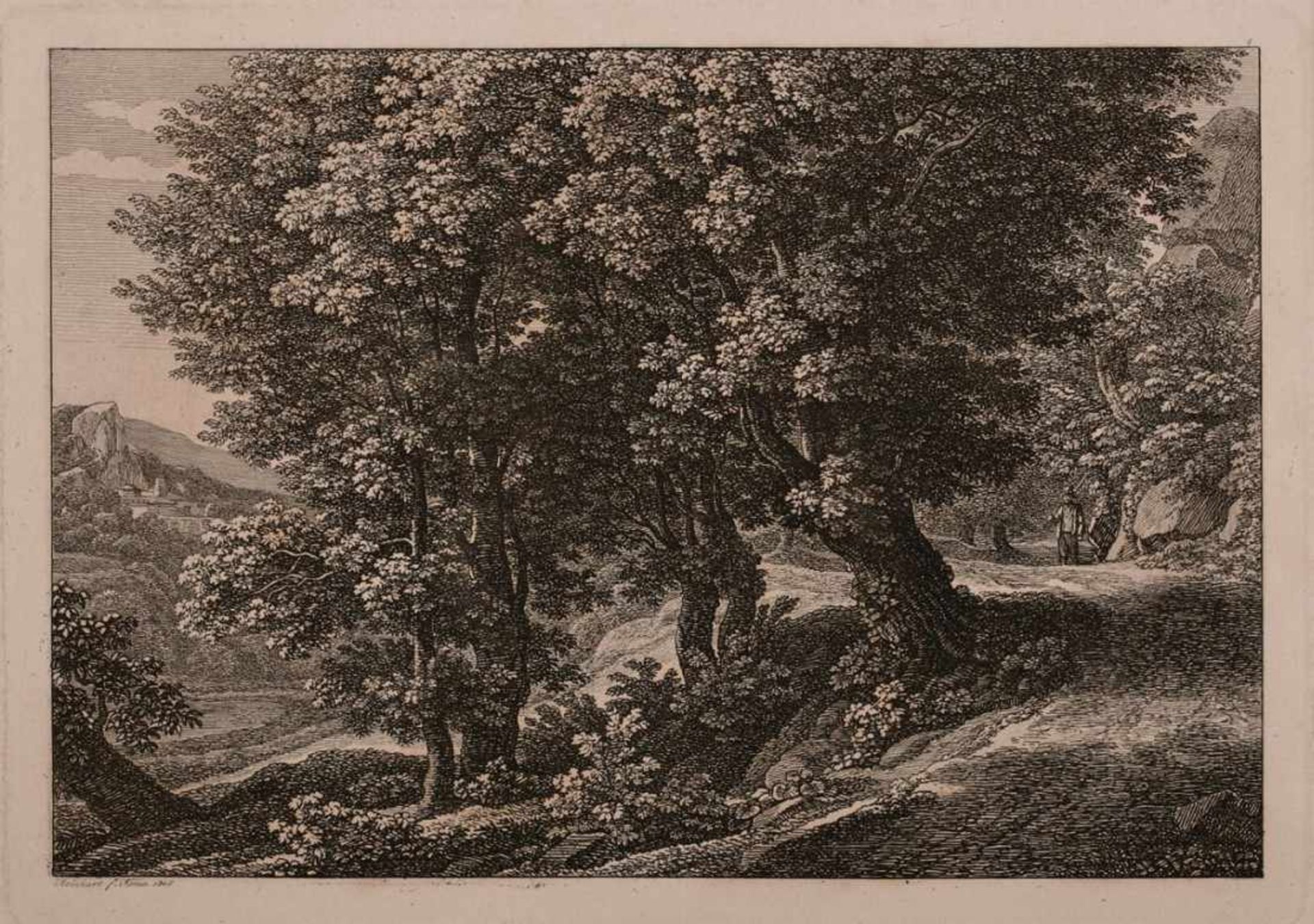 Radierung Johann Christian Reinhart1761 Hof - 1847 Rom "Der durch den Wald daherkommende Bauer" 1805