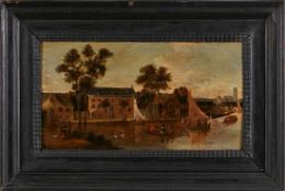 Gemälde Niederlande 17./18. Jh."Grachtenszene" Öl/Holz, 30,5 x 57 cm
