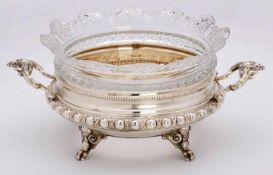 Kl. Schale mit Glaseinsatz, Historismus,wohl Bruckmann um 1890. 800er Silber, innen vergoldet.