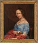 Gemälde Bildnismaler um 1840/50"Porträt einer jungen Frau mit Goldschmuck u. einem kl.
