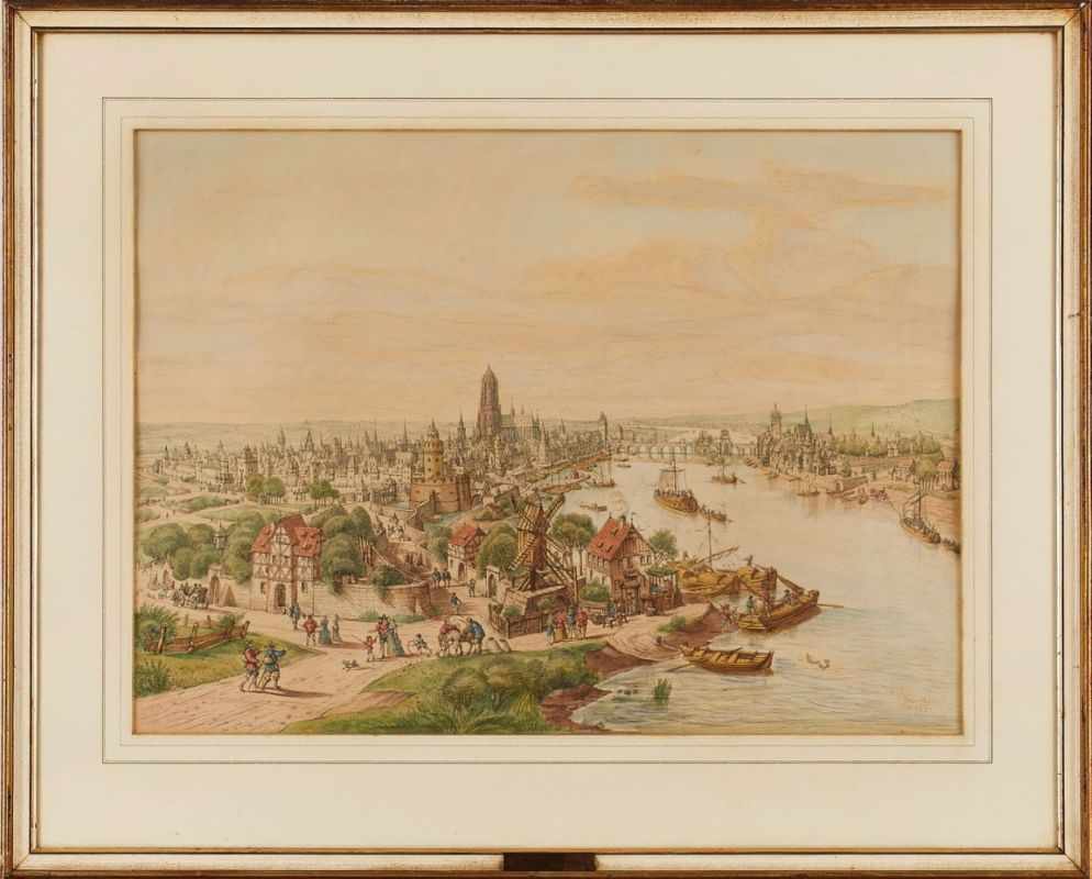 Kol. Lithografie nach Peter Becker1828 Frankfurt - 1904 Soest "Gesamtansicht Frankfurt" u. re. i.