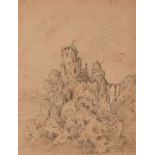 BleistiftzeichnungLandschaftsmaler wohl 19.Jh. "Bewaldeter Felsen mit Burgruine" 21,5 x 28,4 cm (